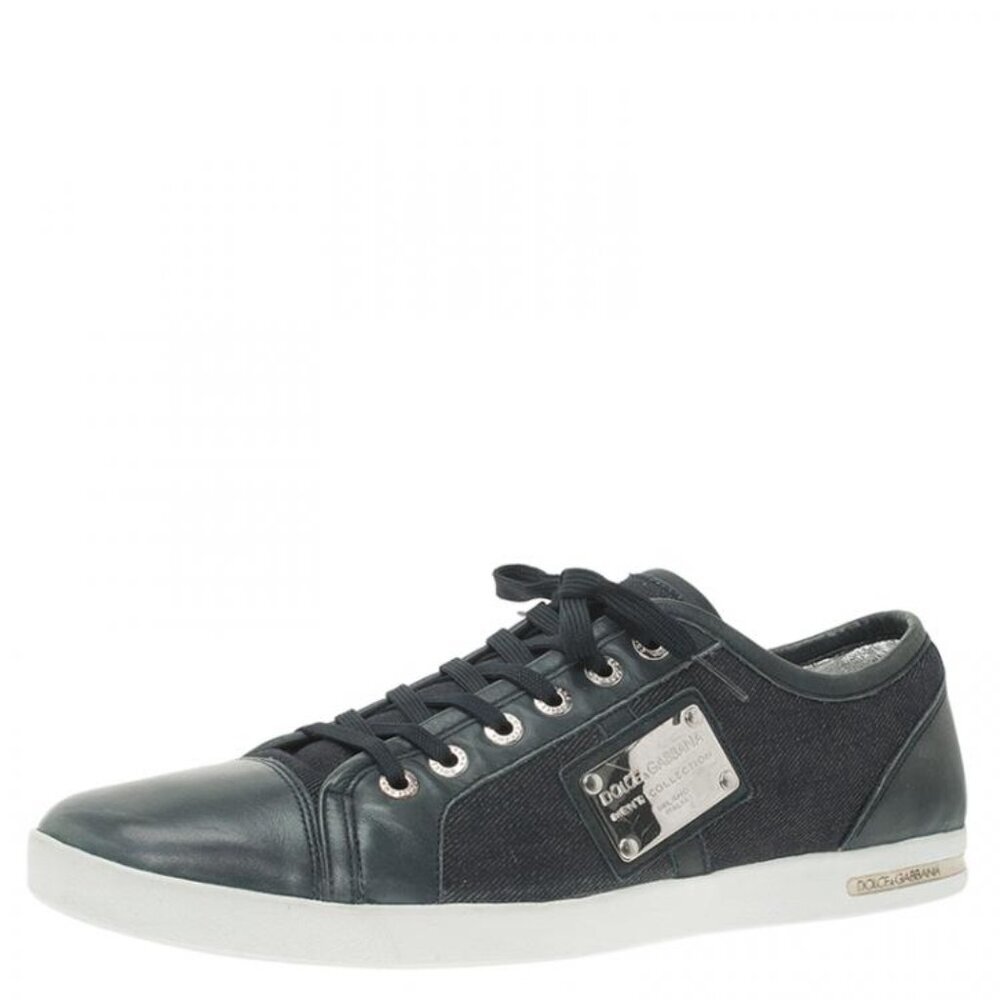 Dolce & Gabbana Navy Blue Leather and Denim Logo Plaque Sneakers Mens 8.5